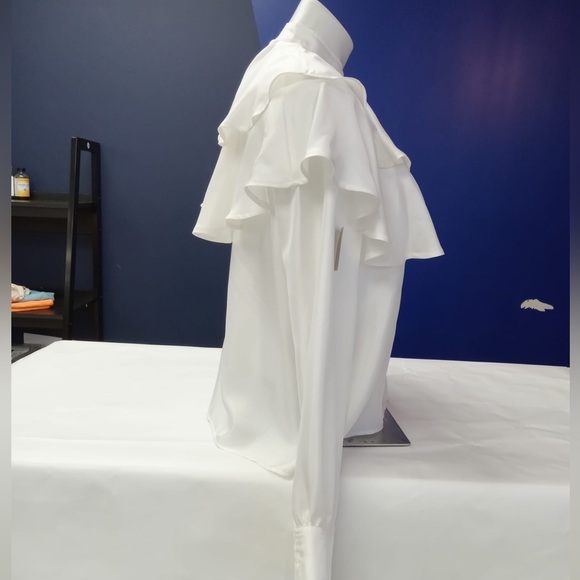 SANDRO COMEDIE RUFFLE YOKE SILK BLOUSE IN - Picture 5 of 8